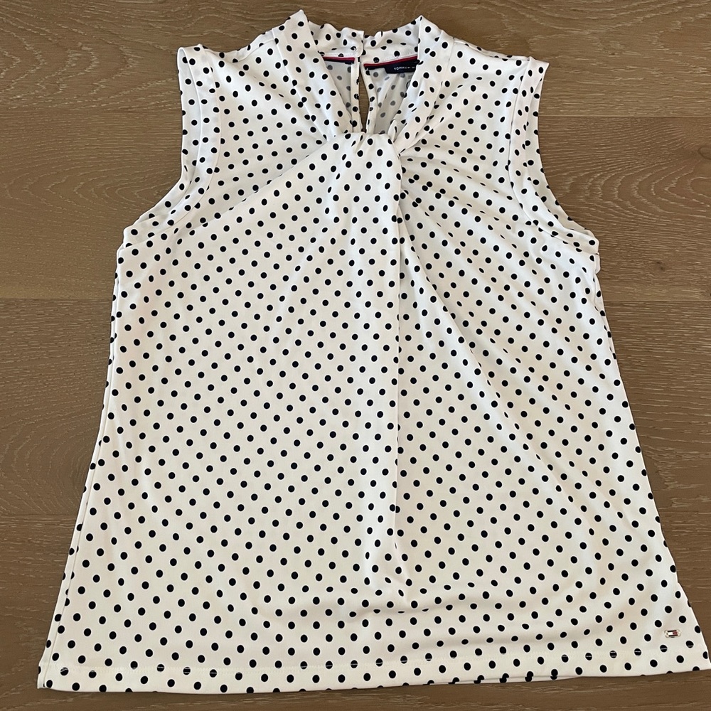 Sleeveless white with black polka dot blouse